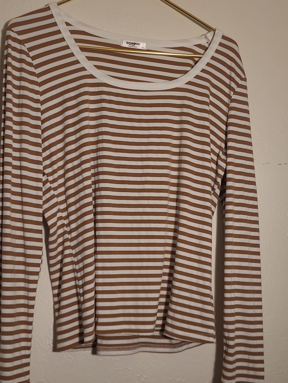 zeagoo Brown and White Striped Long Sleeve Crew Top